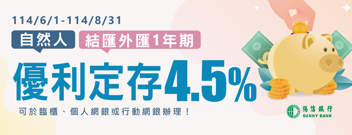 自然人結匯一年期外匯優利定存4.5%，114年6月1日至114年8月31日止，行動要快!